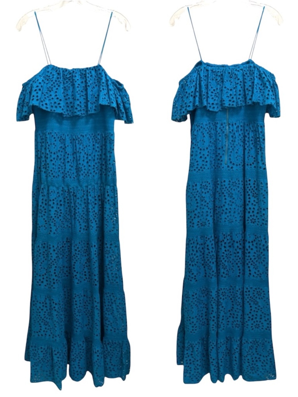 NWT Alice + Olivia Kia Eyelet Ruffle Tiered Maxi Dress in Ocean Blue Size 10 - Picture 3 of 9